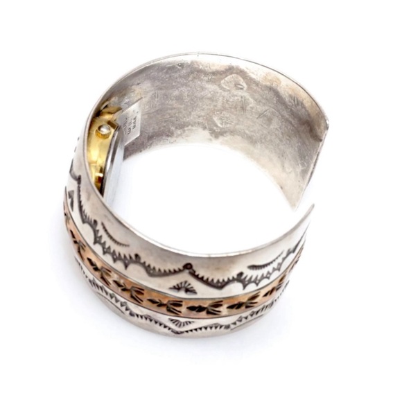 Signed - Ken & Mary Bill Navajo Vntg Sterling Silver Gold Wash Watch Cuff - Picture 6 of 12